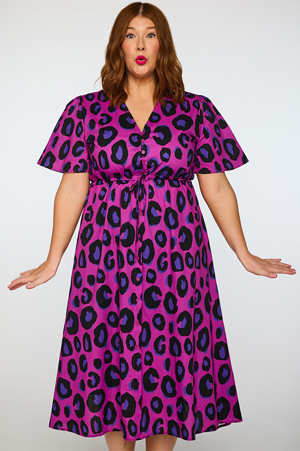 Marley Cotton Purple Leopard Dress โ Purple Leopard midi dress