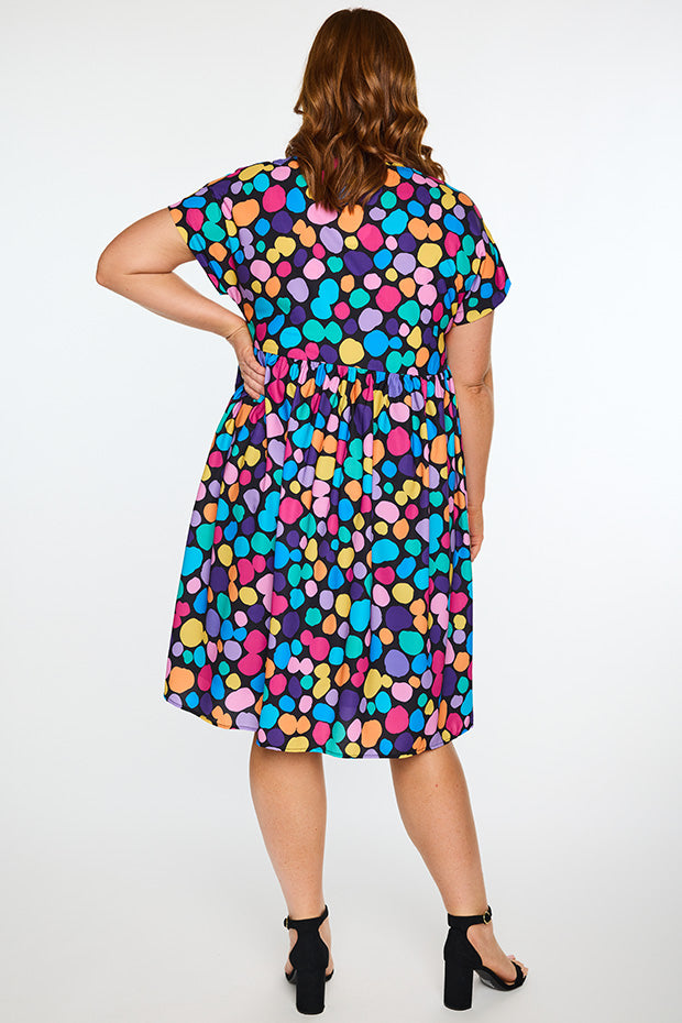 Savannah Rainbow Pebble Spots Dress โ Rainbow Pebble Spots midi dress