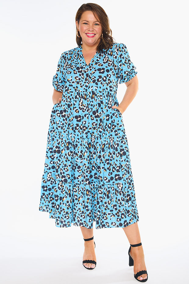 Sylvia Blue Leopard Dress – Blue Leopard midi dress