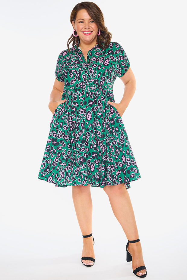 Frankie Green Leopard Dress – Green Leopard shirt dress
