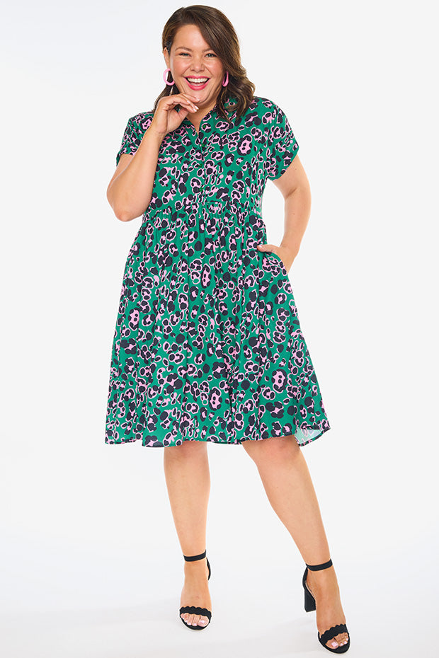Frankie Green Leopard Dress – Green Leopard shirt dress