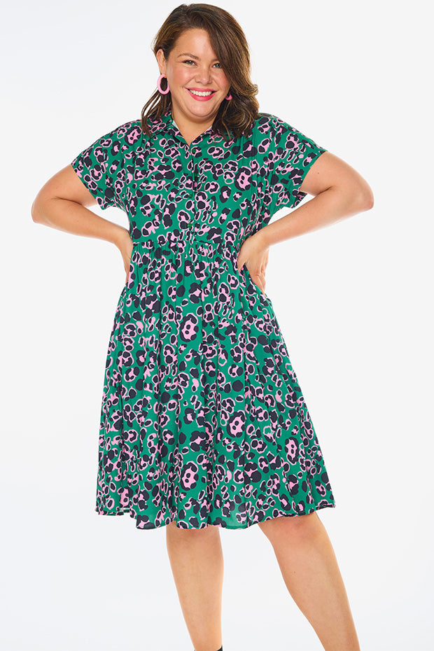 Frankie Green Leopard Dress – Green Leopard shirt dress
