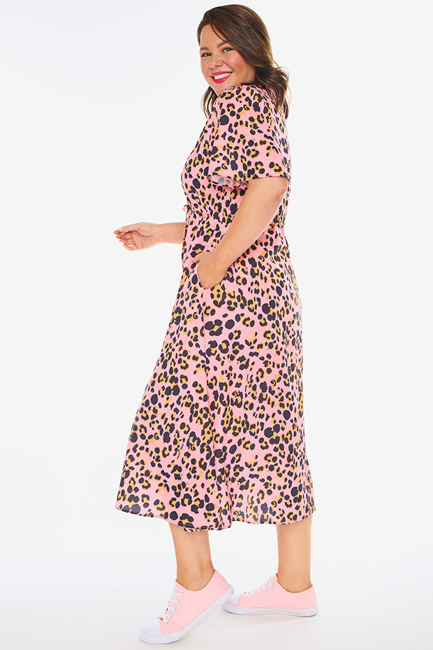 Marley Pink Leopard Dress – Pink Leopard midi dress