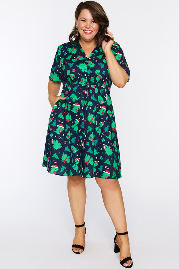 Siena Cotton Dino Christmas Dress – Dino Christmas knee length dress