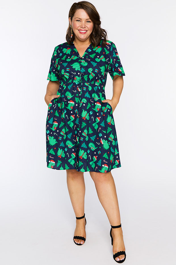Siena Cotton Dino Christmas Dress – Dino Christmas knee length dress