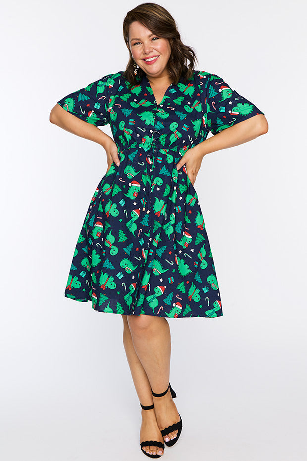 Siena Cotton Dino Christmas Dress – Dino Christmas knee length dress