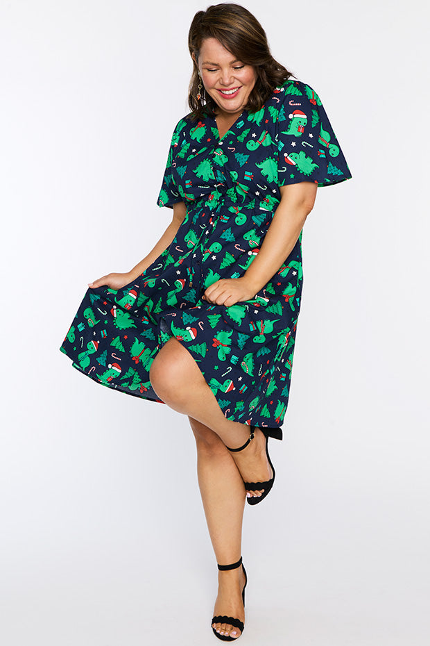 Siena Cotton Dino Christmas Dress – Dino Christmas knee length dress