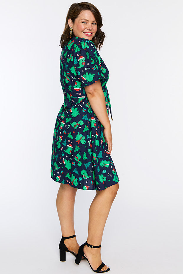 Siena Cotton Dino Christmas Dress – Dino Christmas knee length dress