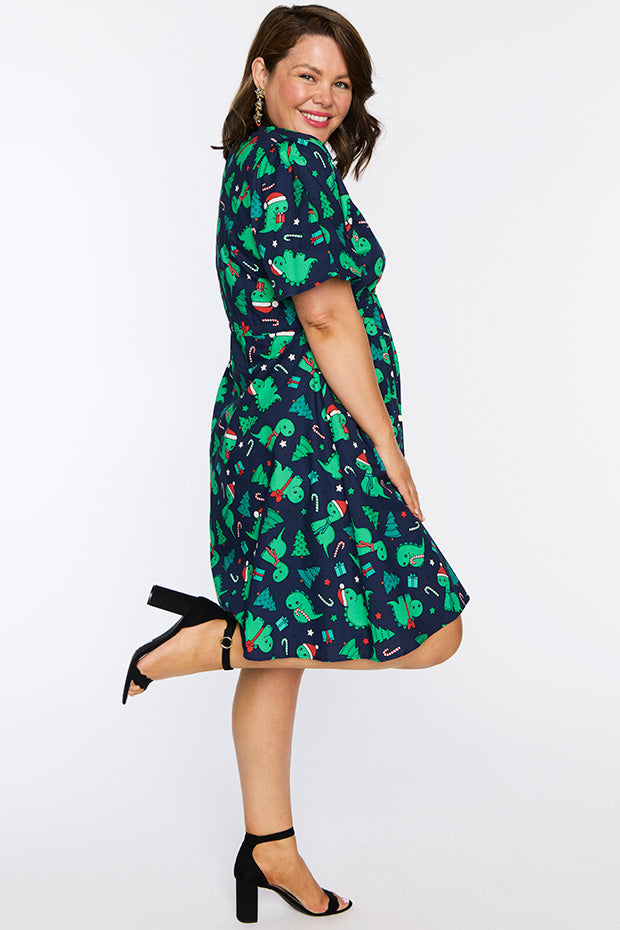 Siena Cotton Dino Christmas Dress – Dino Christmas knee length dress