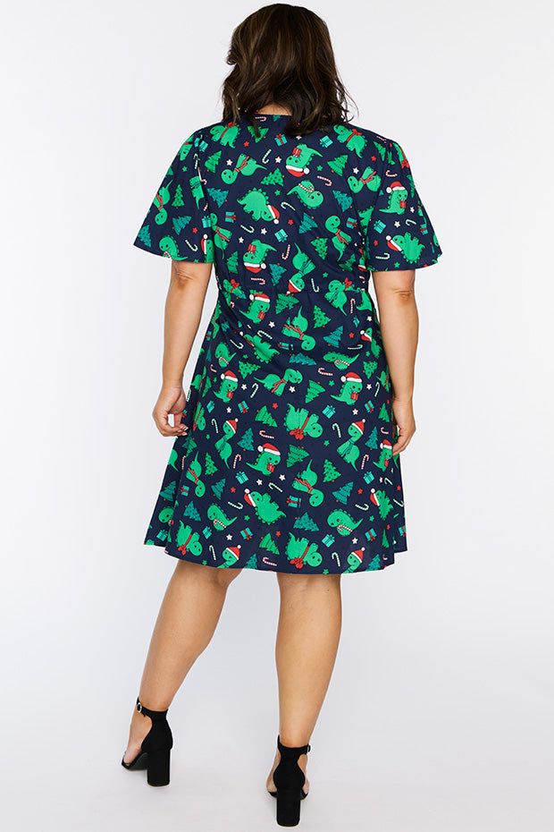 Siena Cotton Dino Christmas Dress – Dino Christmas knee length dress