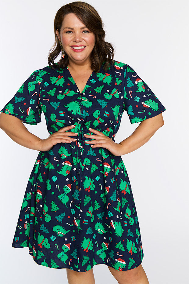 Siena Cotton Dino Christmas Dress – Dino Christmas knee length dress