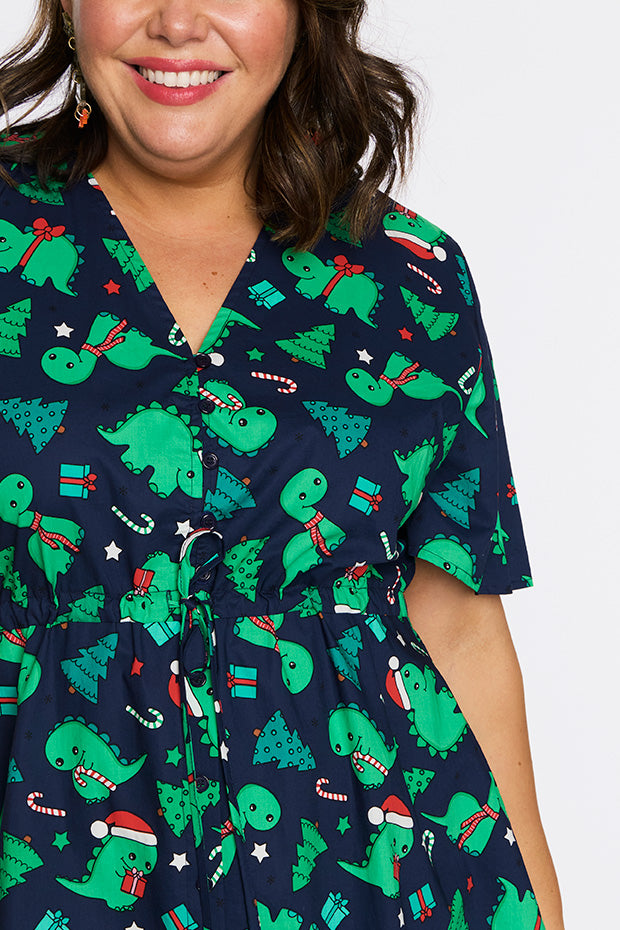 Siena Cotton Dino Christmas Dress – Dino Christmas knee length dress