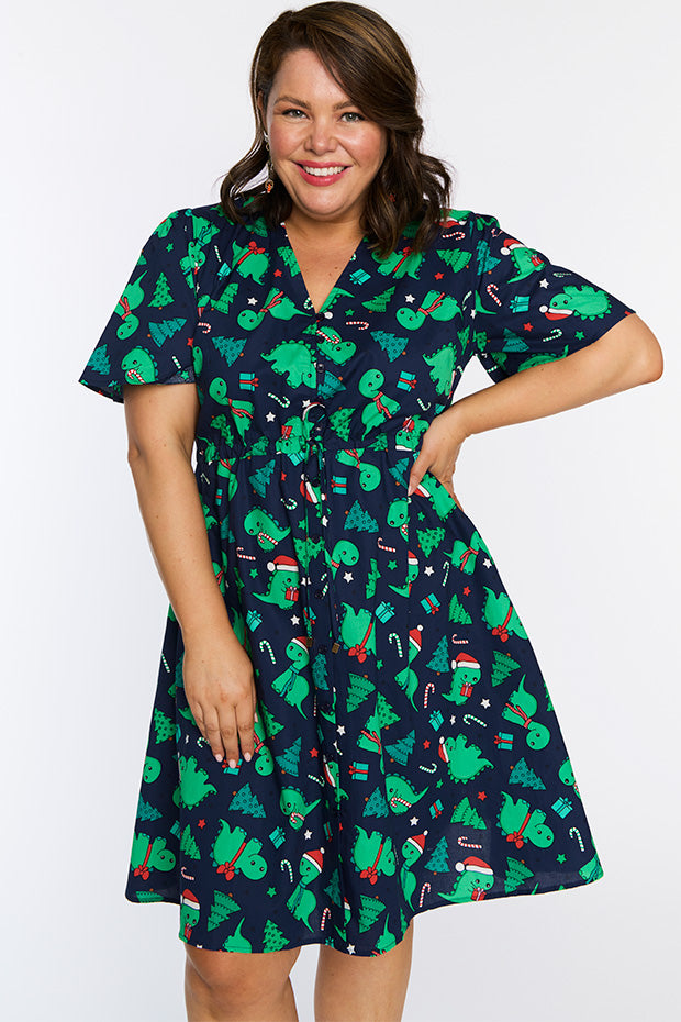 Siena Cotton Dino Christmas Dress – Dino Christmas knee length dress