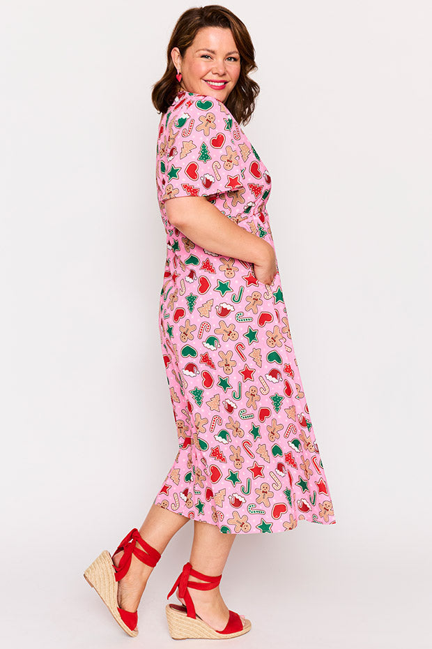 Marley Pink Gingerbread Cookie Christmas Dress โ Pink Gingerbread Cookie Christmas midi dress