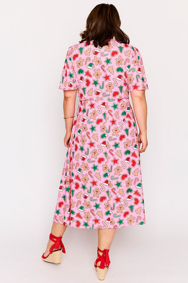 Marley Pink Gingerbread Cookie Christmas Dress โ Pink Gingerbread Cookie Christmas midi dress
