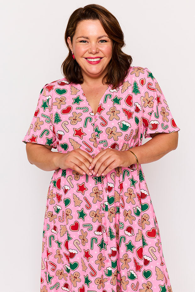 Marley Pink Gingerbread Cookie Christmas Dress – Pink Gingerbread Cookie Christmas midi dress