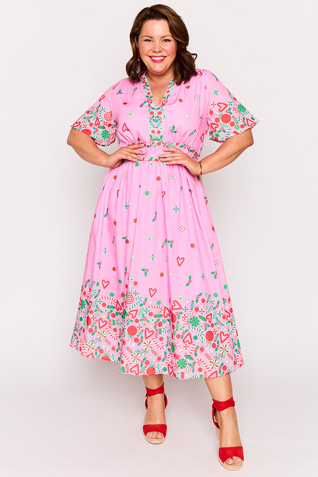 Stephanie Pink Candy Crush Christmas Dress – Pink Candy Crush Christmas midi dress