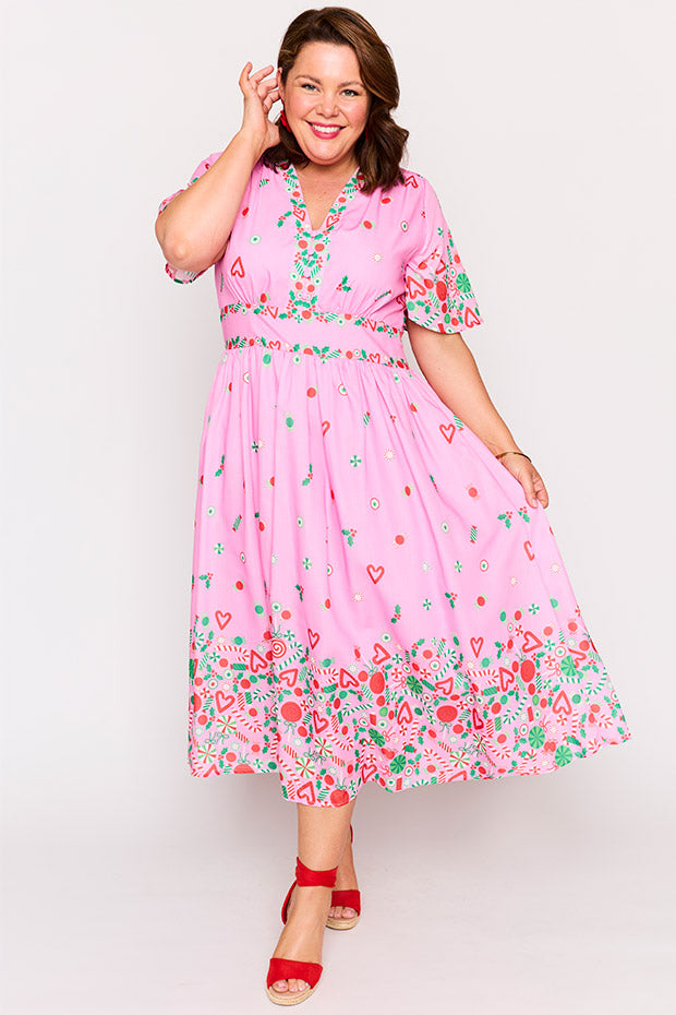 Stephanie Pink Candy Crush Christmas Dress โ Pink Candy Crush Christmas midi dress