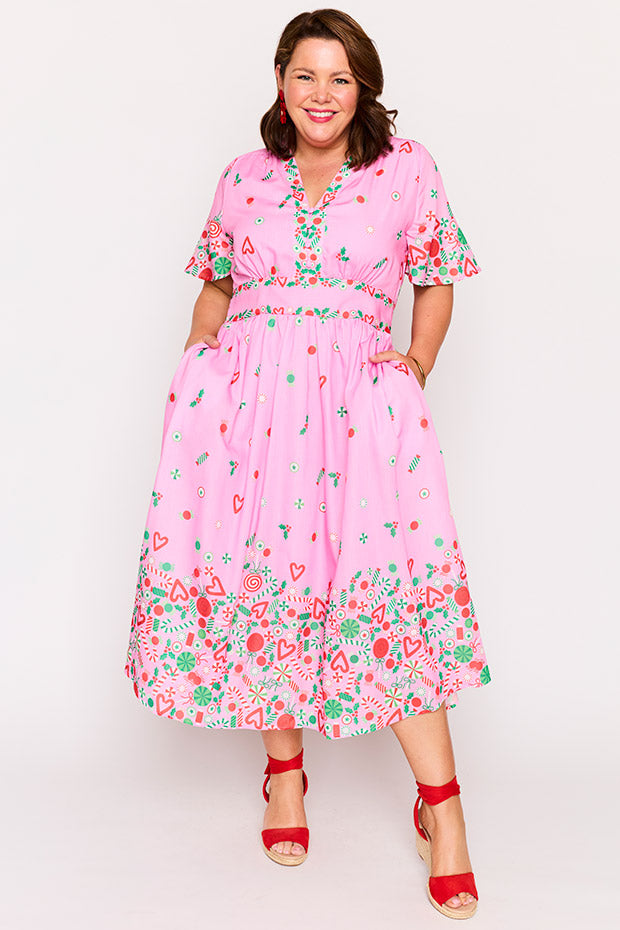 Stephanie Pink Candy Crush Christmas Dress – Pink Candy Crush Christmas midi dress