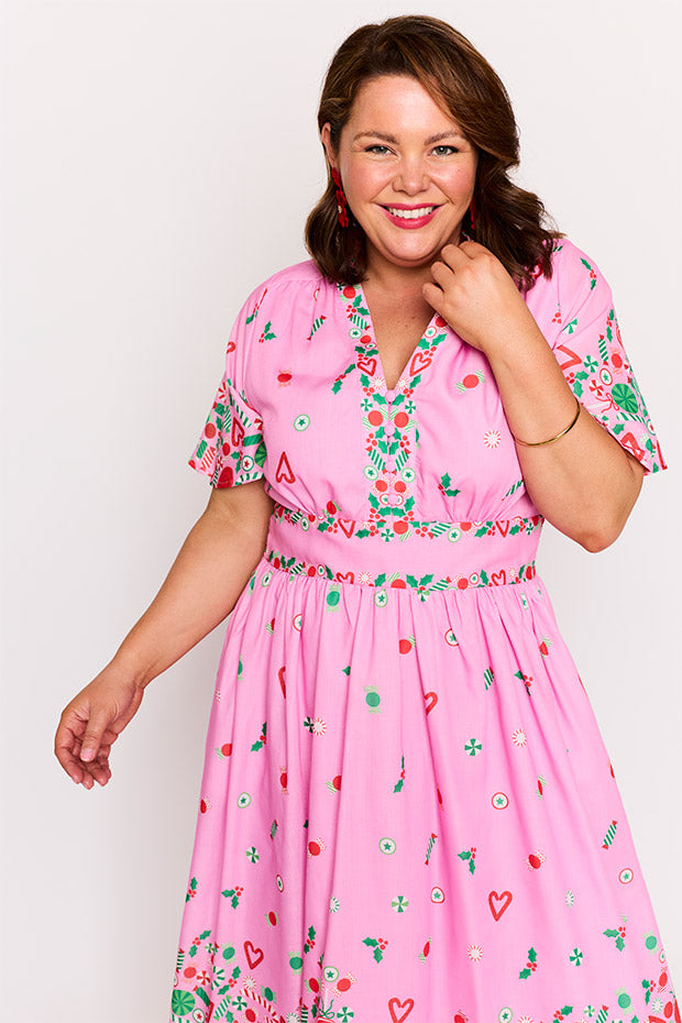 Stephanie Pink Candy Crush Christmas Dress – Pink Candy Crush Christmas midi dress