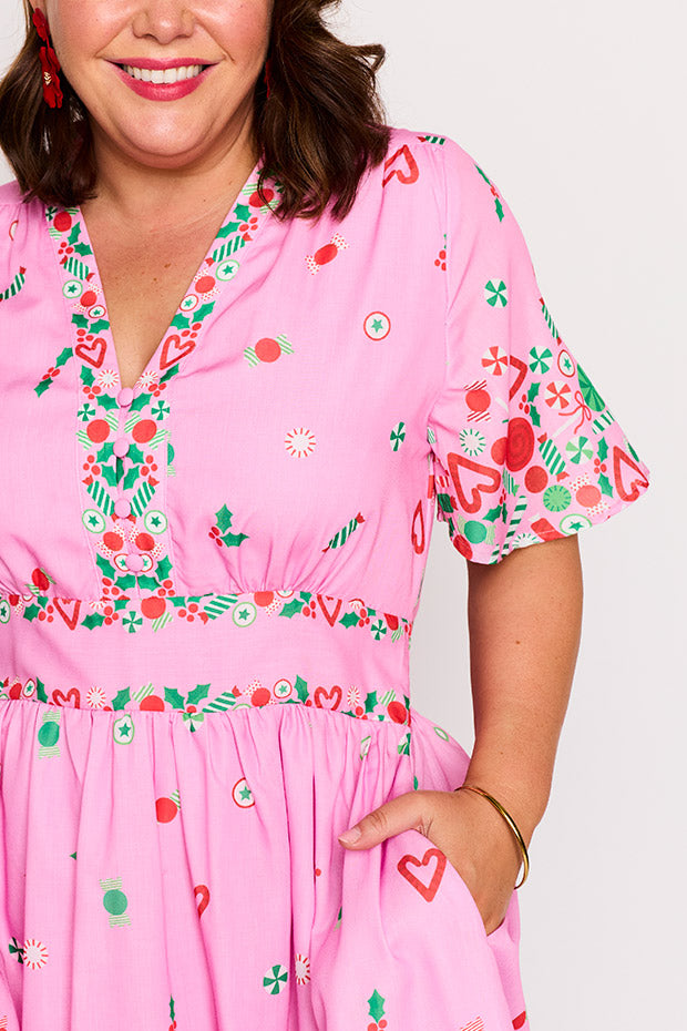 Stephanie Pink Candy Crush Christmas Dress – Pink Candy Crush Christmas midi dress