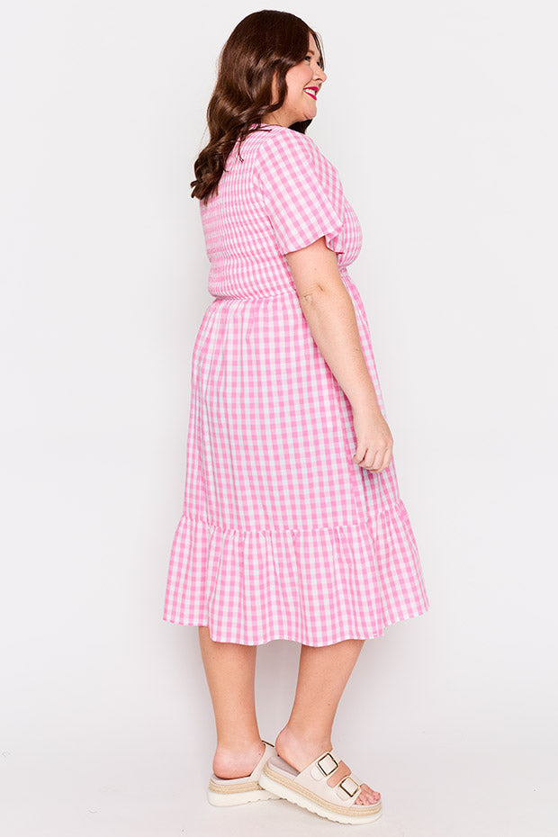 Lila Pink Gingham Dress – Pink Gingham midi dress