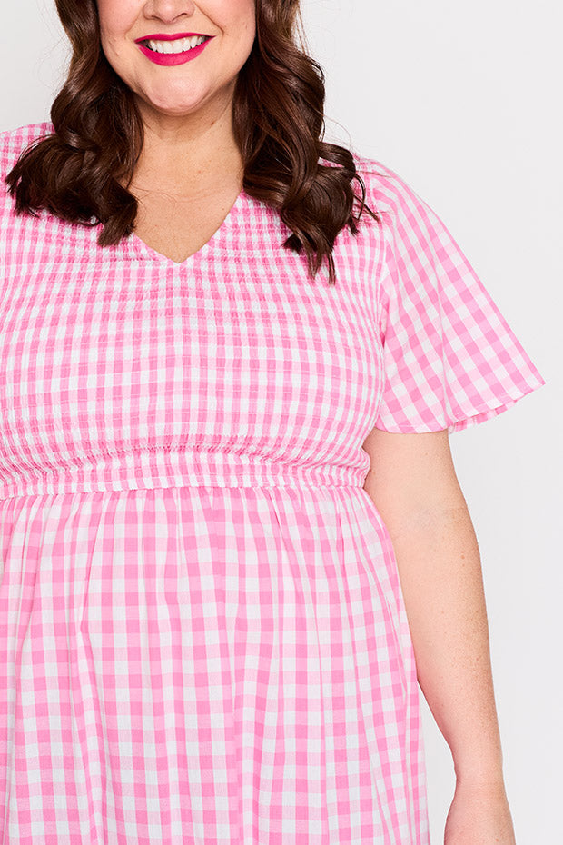 Lila Pink Gingham Dress – Pink Gingham midi dress