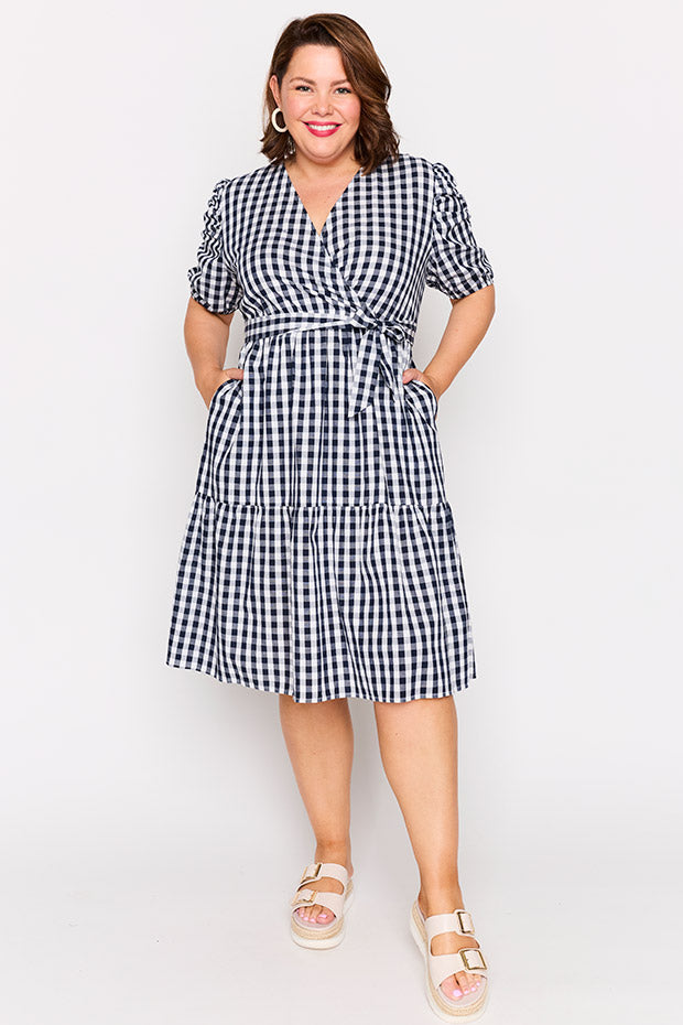 Melbourne Navy Gingham Dress โ Navy Gingham midi dress