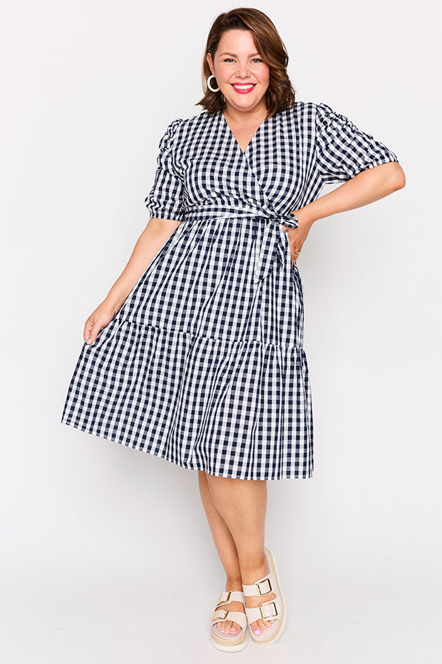 Melbourne Navy Gingham Dress โ Navy Gingham midi dress