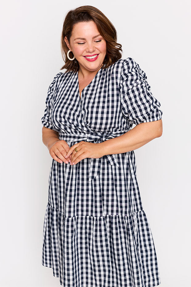 Melbourne Navy Gingham Dress โ Navy Gingham midi dress
