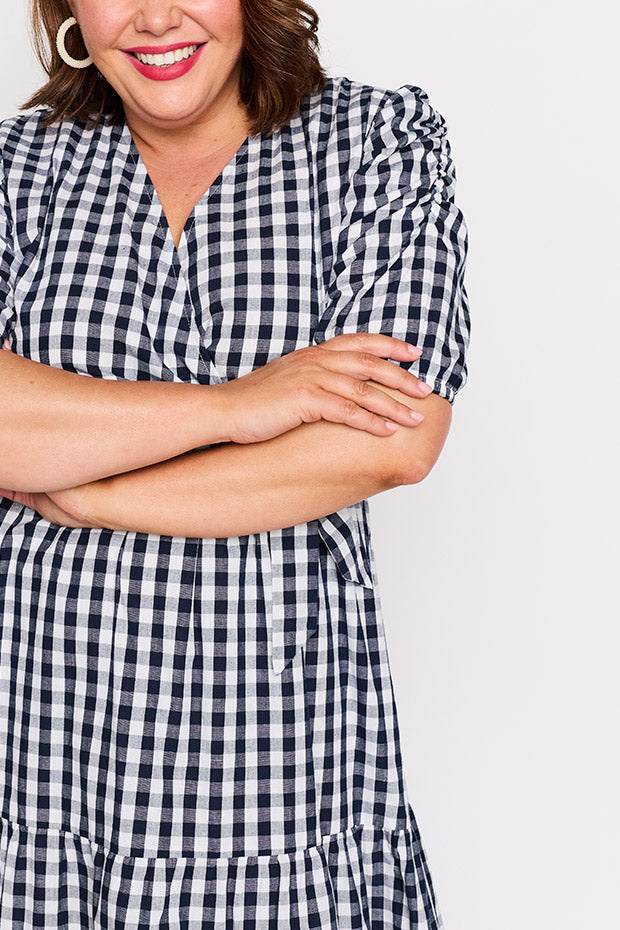 Melbourne Navy Gingham Dress โ Navy Gingham midi dress