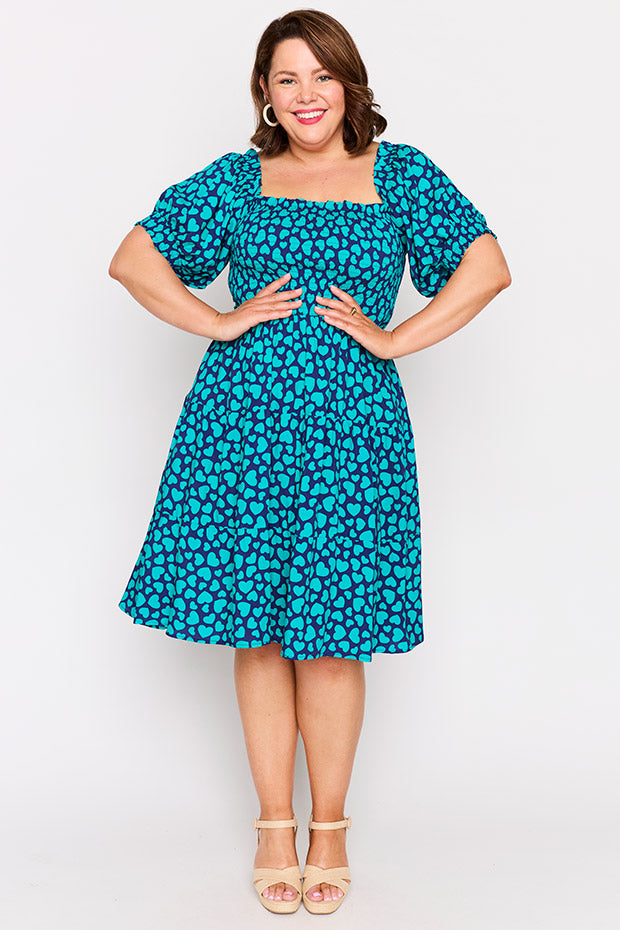 Nyla Teal Hearts Dress โ Teal Hearts knee length dress