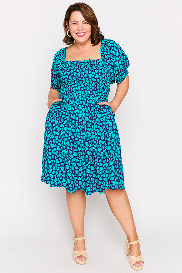 Nyla Teal Hearts Dress โ Teal Hearts knee length dress