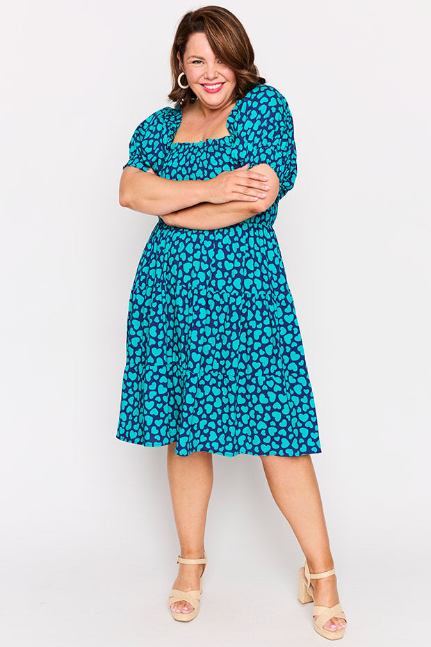 Nyla Teal Hearts Dress โ Teal Hearts knee length dress