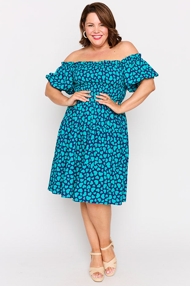 Nyla Teal Hearts Dress โ Teal Hearts knee length dress
