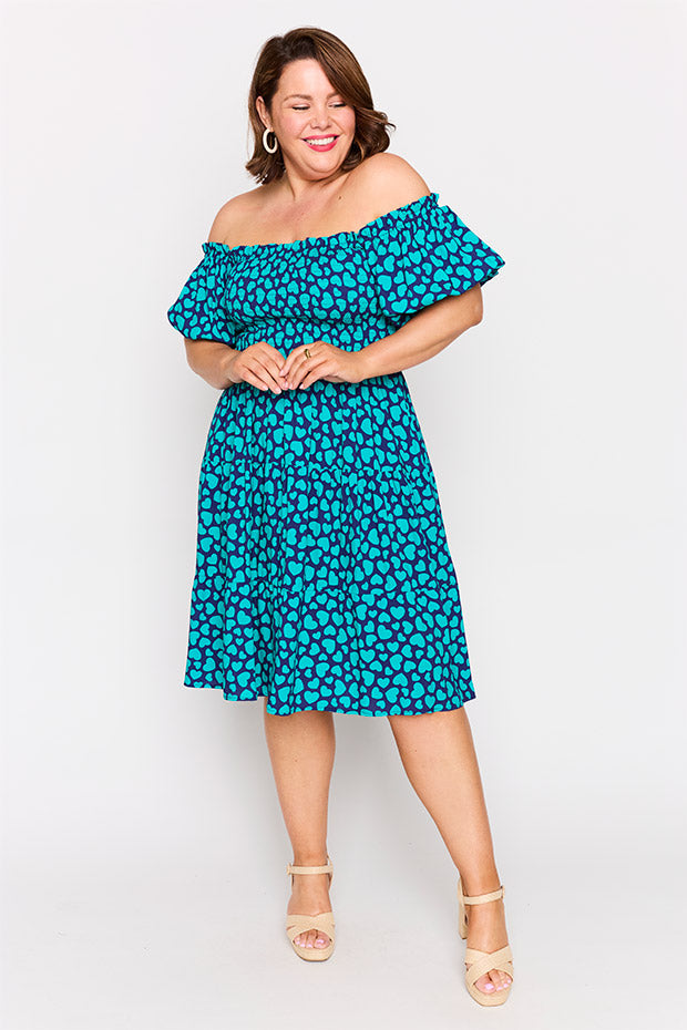 Nyla Teal Hearts Dress โ Teal Hearts knee length dress
