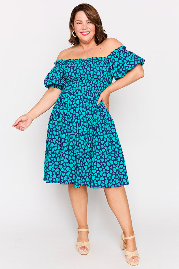 Nyla Teal Hearts Dress โ Teal Hearts knee length dress