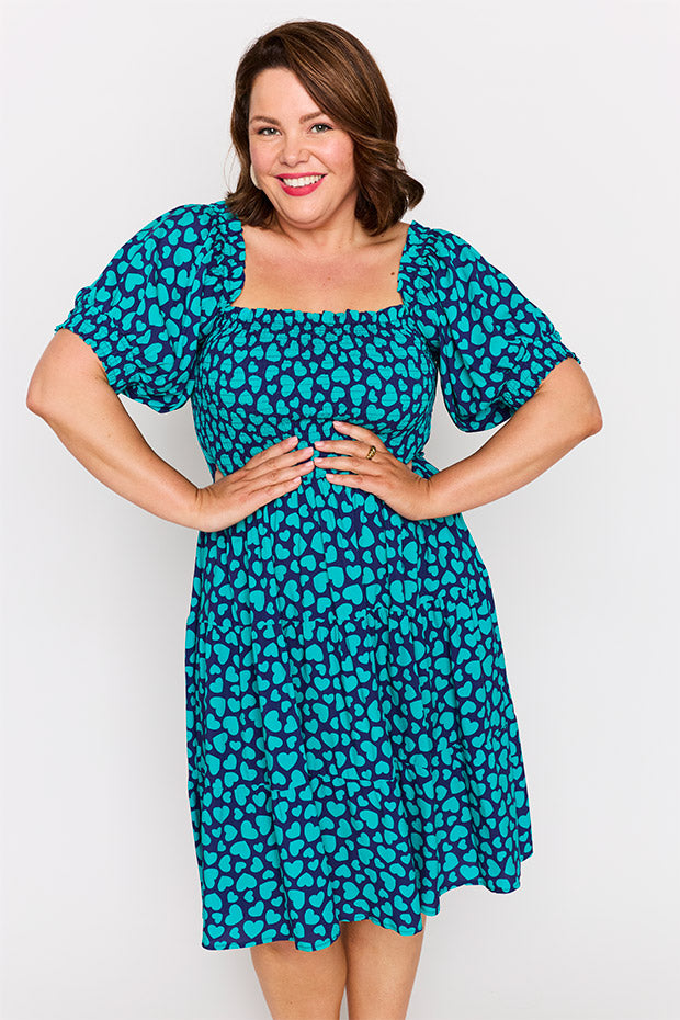 Nyla Teal Hearts Dress โ Teal Hearts knee length dress