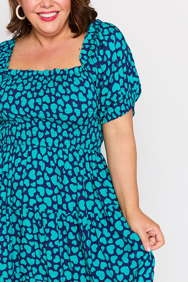Nyla Teal Hearts Dress โ Teal Hearts knee length dress