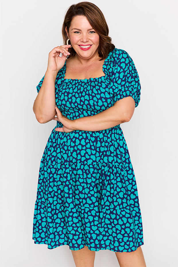 Nyla Teal Hearts Dress โ Teal Hearts knee length dress