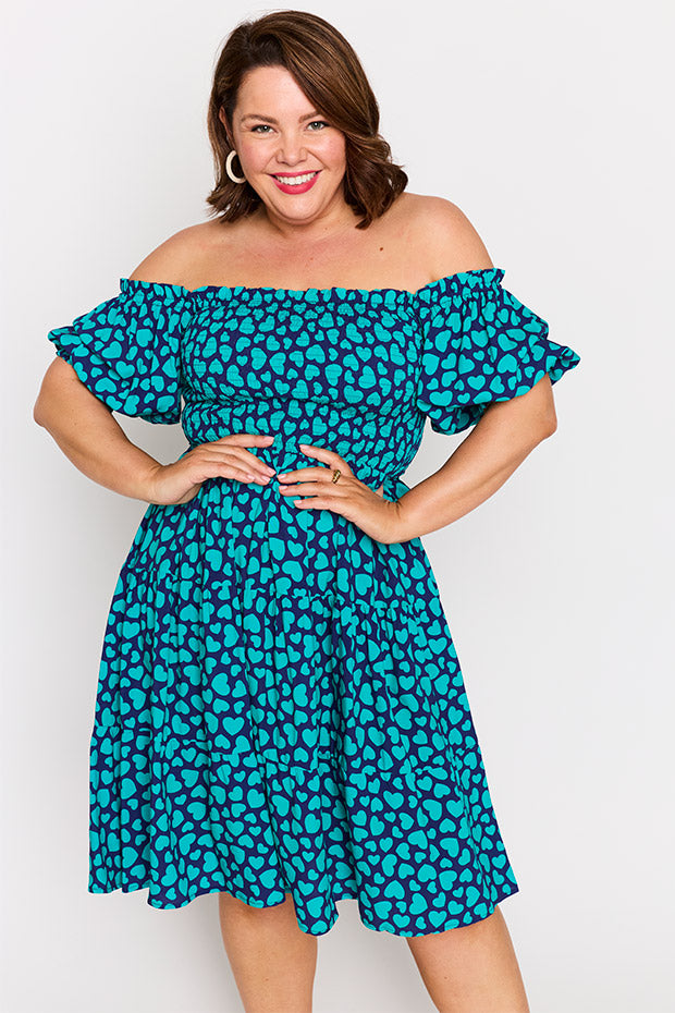 Nyla Teal Hearts Dress – Teal Hearts knee length dress