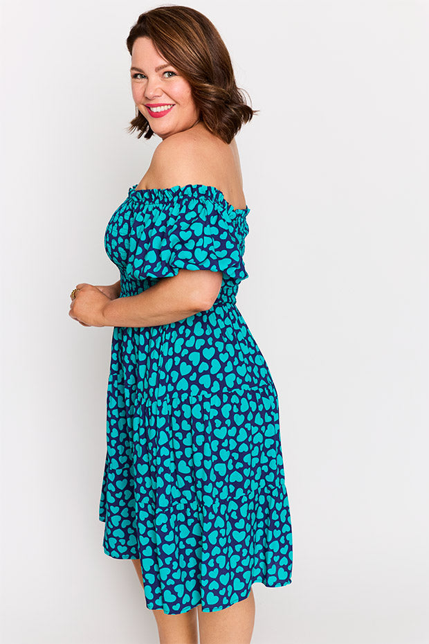 Nyla Teal Hearts Dress โ Teal Hearts knee length dress