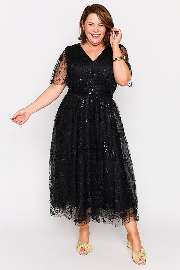 Tracey Black Sequin Party Dress โ Black Sequin midi dress