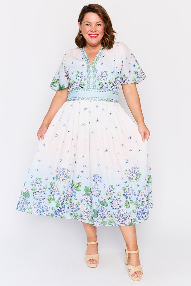 Stephanie Hydrangea Sky Dress โ Hydrangea Sky midi dress