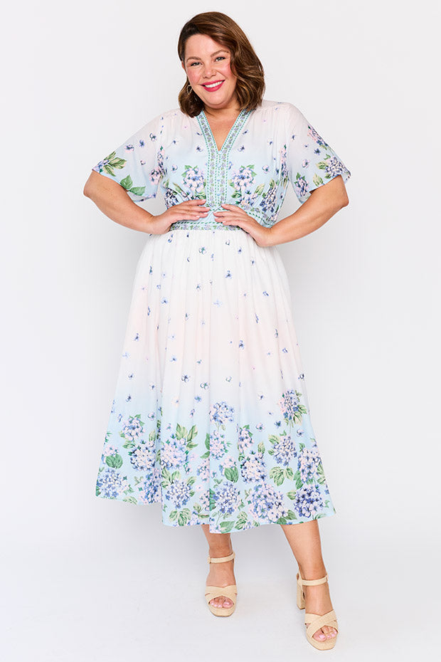 Stephanie Hydrangea Sky Dress โ Hydrangea Sky midi dress