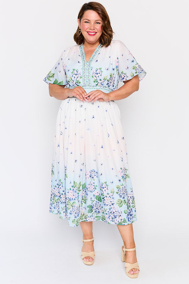 Stephanie Hydrangea Sky Dress โ Hydrangea Sky midi dress