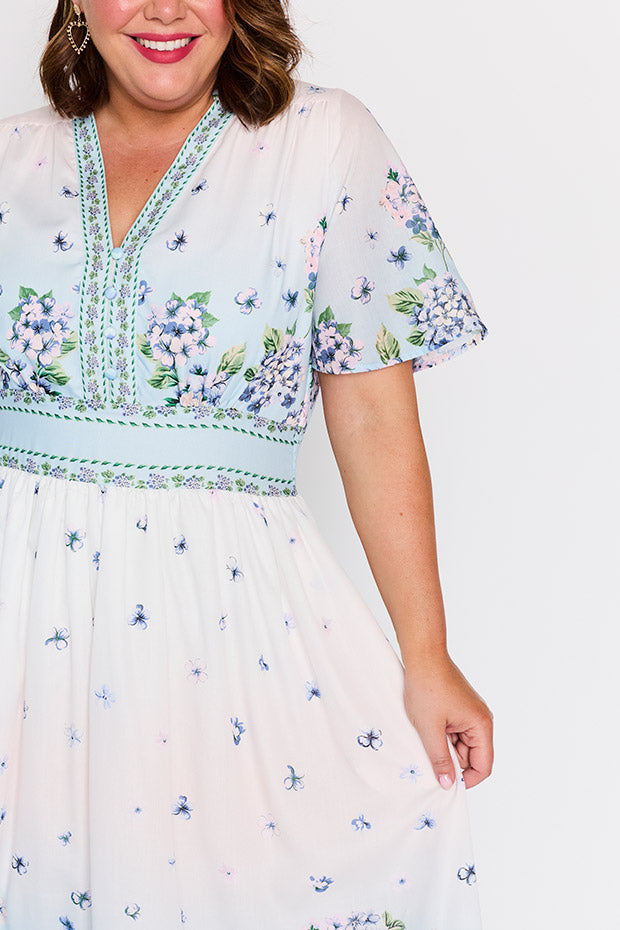 Stephanie Hydrangea Sky Dress โ Hydrangea Sky midi dress