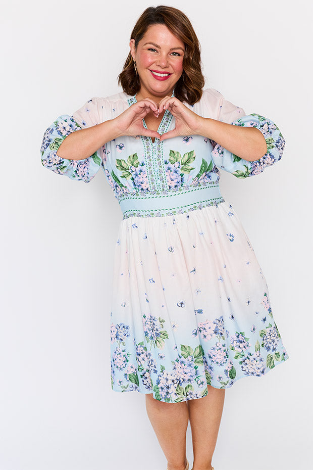 Abbie Hydrangea Sky Dress โ Hydrangea Sky knee length dress