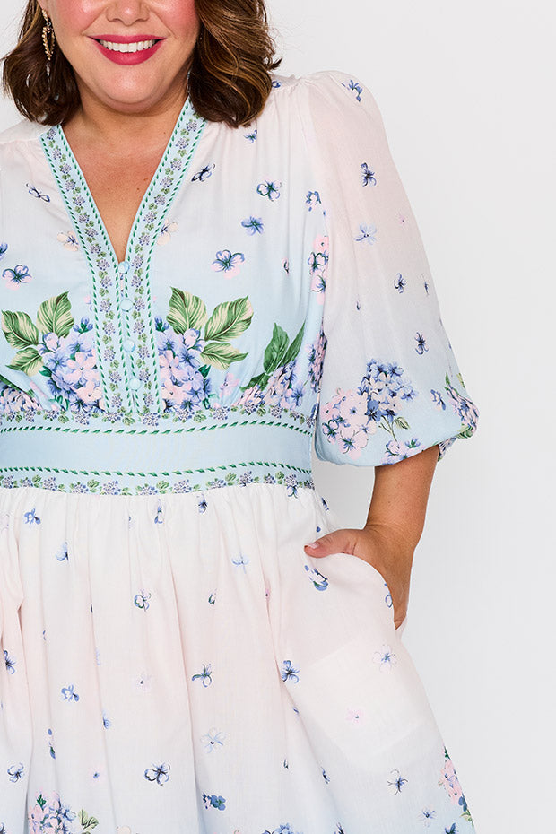 Abbie Hydrangea Sky Dress โ Hydrangea Sky knee length dress