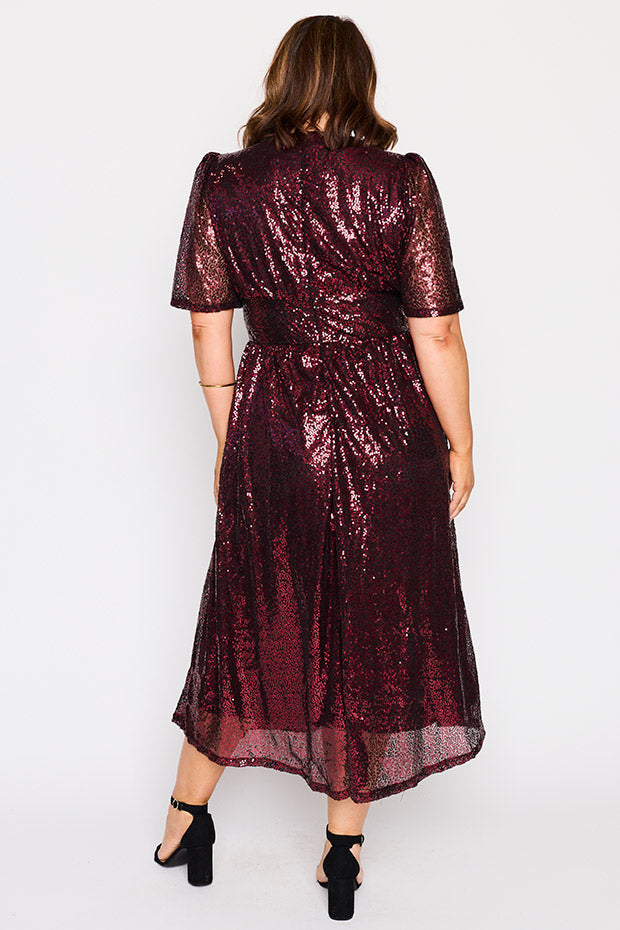 Tamie Burgundy Party Sequins Dress โ Burgundy Party Sequins midi dress